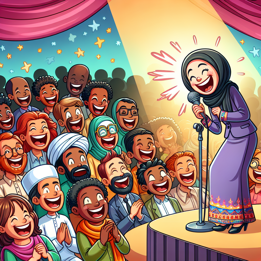 A whimsical, colorful cartoon of a diverse group of people laughing at a comedian delivering a one-liner on stage.