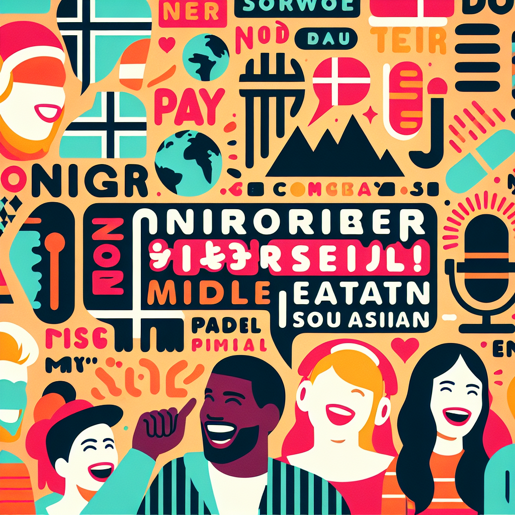 Fargerik collage med norske dialektord i typografi, silhuetter av Norge, mikrofon og folk som ler — varm, innbydende stil