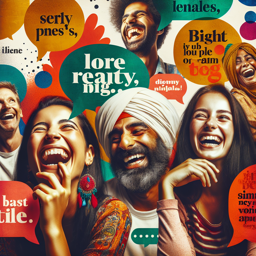 Fargerik collage av mennesker som ler, snakkebobler med korte oneliners, moderne typografi og varmt lys